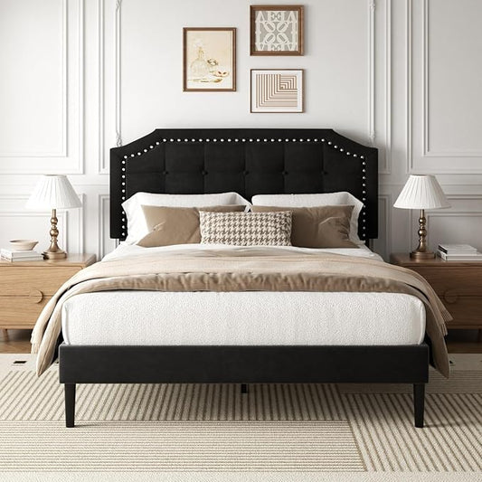 Queen Size Bed Frame, Queen Size Platform Bed Frame with Upholstered Button Tufted Headboard, Strong Wood Slats, No Box Spring Needed, Mattress Foundation, Easy Assembly Black