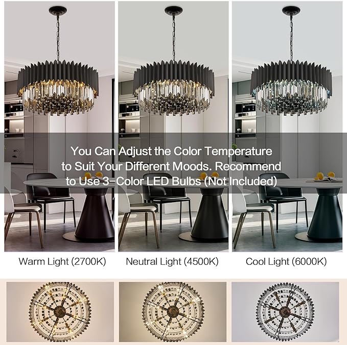 Black Crystal Chandelier 23.62'' K9 Smoke Crystal Round Pendant Lights 8 Lights 5-Tier Large Modern Chandelier for Dining Room Living Room Bedroom Foyer Entryway