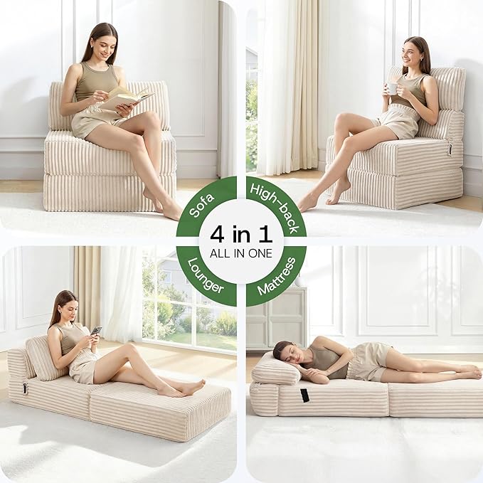 4-in-1 Folding Sofa Bed Convertible Chair Couch Foldable Chaise Lounger & Mattress Pocket Coils+Foam Fill, Portable No Assembly Boneless Floor Futon for Living Room/Bedroom, Beige Single