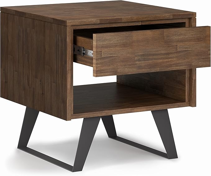 SIMPLIHOME Lowry End Table - 22 inch Wide Solid Acacia Wood Square Accent Table with Drawer and Open Shelf in Rustic Natural Aged Brown, Modern Industrial Lamp Stand with Angled Legs for Living Room