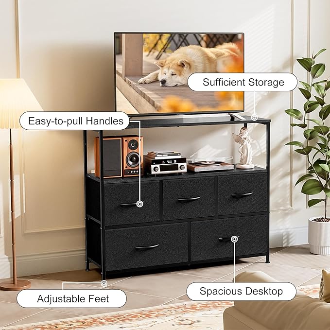 NEWBULIG 5 Fabric Drawer TV Stand Dresser for Bedroom, Entertainment Center for 45 inch TV with Open Shelf, Adjustable Feet & Wood Top, Fabric Organizer Unit for Living Room, Black