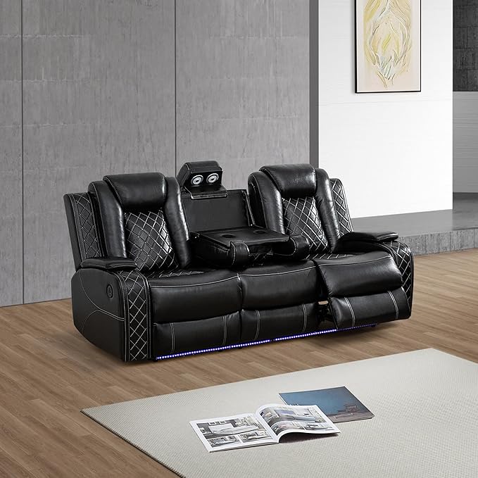 Leather Power Recliner Sofa Set with LED Light，Living Room Furniture Set, Leather Reclining Sofa Set with USB Port Storage Armrest(3 Seats Sofa, Black)