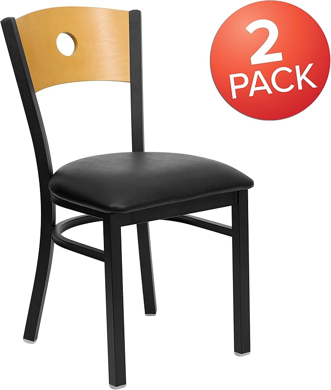 Flash Furniture 2 Pk. HERCULES Series Black Circle Back Metal Restaurant Chair - Natural Wood Back, Black Vinyl Seat