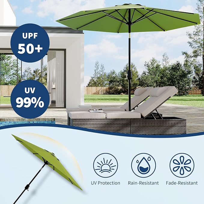 Garvee 10 ft Outdoor Patio Umbrella 8 Sturdy Ribs Outdoor Table Umbrella with Crank Lift & Push Button Tilt - UV Protection Waterproof Market Umbrellas for Pool, Deck, Yard, Garden, Grass Green