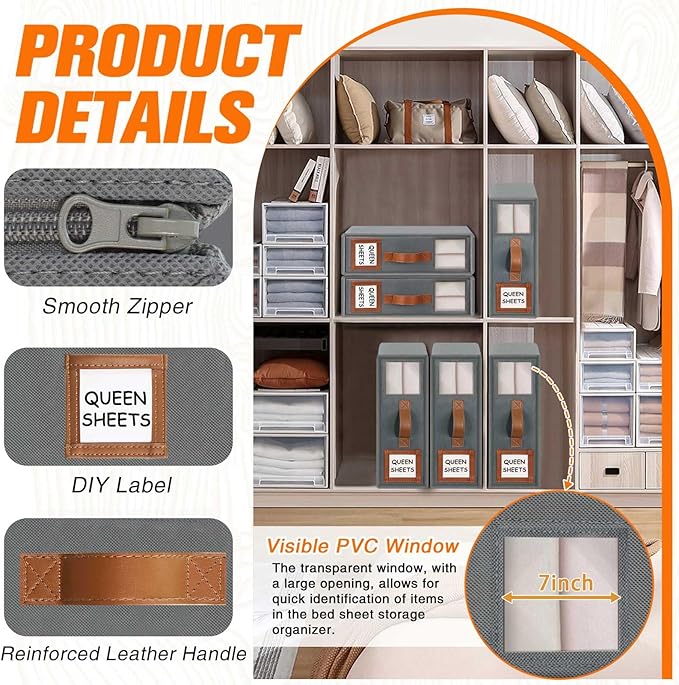 GhvyenntteS 6 Pack Bed Sheet Organizers and Storage, Sturdy Bed Sheet Organizer with Zipper and Handle, Foldable Linen Closet Organizers and Storage with Window and Label, Grey