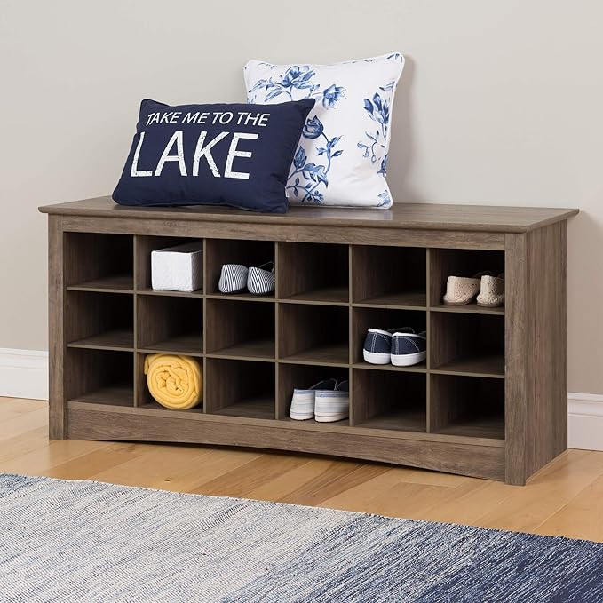 Prepac Gray Shoe Cabinet, Entryway Bench, Mud Room Organization and Storage Bench with 18 Shoe Cubbies 16"D x 48"W x 24"H