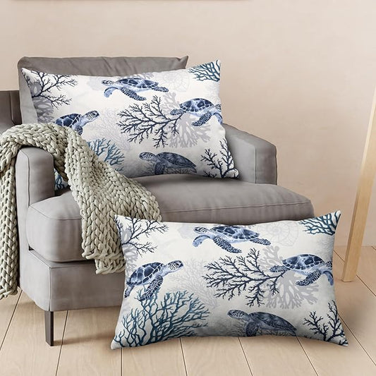 Nautical Coastal Lumbar Pillows Covers 12x20 Set of 2 Summer Beachy Themed Outdoor Throw Pillow Covers Ocean Coral Sea Turtle Pillow Cases for Bed Couch Sofa Living Room