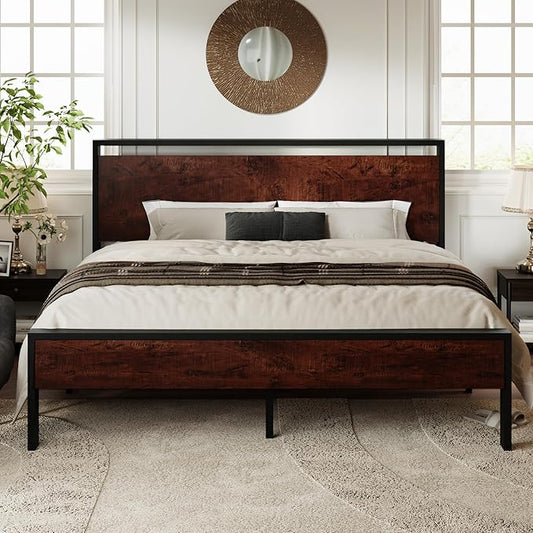 Allewie King Size Platform Bed Frame with Wooden Headboard and Footboard, Heavy Duty 12 Metal Slats Support, No Box Spring Needed, Under-Bed Storage, Noise Free, Easy Assembly, Mahogany
