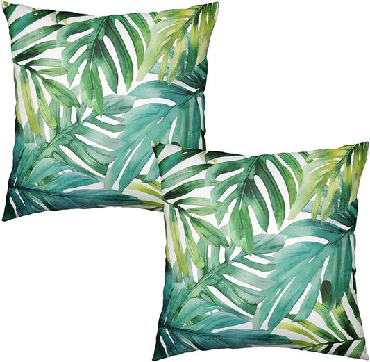 Green Tropical Leaves Outdoor Throw Pillow Covers Summer Palm Leaf Pillow Covers 20x20 Set of 2 Monstera Plant Pillow Cases Modern Farmhouse Cotton Linen Cushion Cover for Couch Sofa