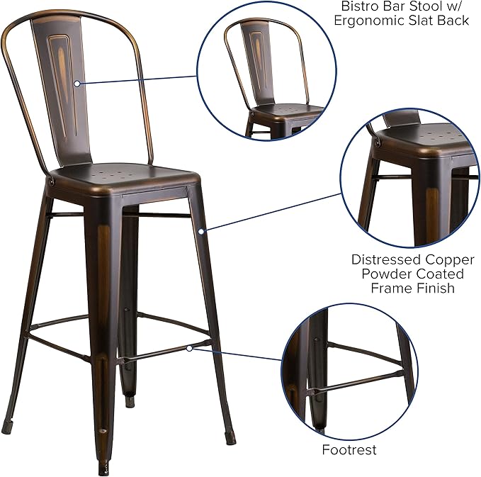 Flash Furniture Blake Commercial Grade 4 Pack 30" High Distressed Copper Metal Indoor-Outdoor Barstool with Back