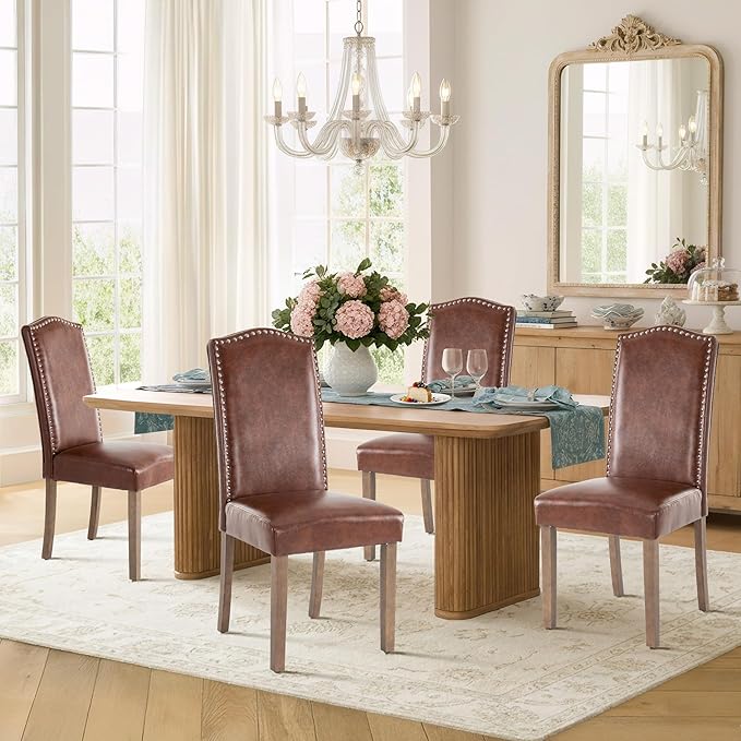 Upholstered Dining Chair Modern Stylish Parsons Kitchen Diner High Back with Silver Nailhead Trim & Wood Legs, Set of 4, PU Leather Light Brown