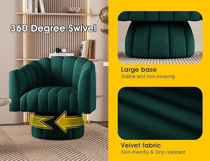 Mid Century 360 Degree Swivel Cuddle Barrel Accent Sofa Chairs, Round Armchairs with Wide Upholstered, Fluffy Velvet Fabric Chair for Living Room, Bedroom, Office, Waiting Rooms, (Green)