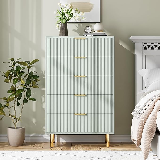 IDEALHOUSE Green Dresser, Modern 5 Drawer Dresser for Bedroom with Gold Handle and Large Drawer, Wood Double Chest of Drawers and Storage Organizer for Living Room, Hallway, Entryway