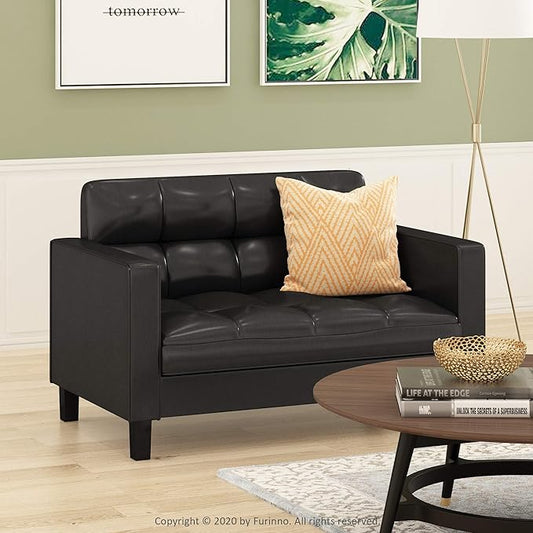 Furinno Brive Contemporary Tufted Faux Leather Loveseat/Sofa Couch for Living Room, Black Faux Leather