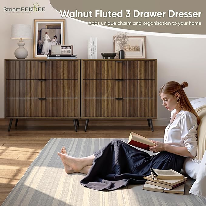 Fluted 3 Drawers Dresser, 31.5“ W Mid- Century Modern Wooden Chest of Drawers, Large Night Stand Organizer for Bedroom, Closet, Hallway, Entryway, Walnut