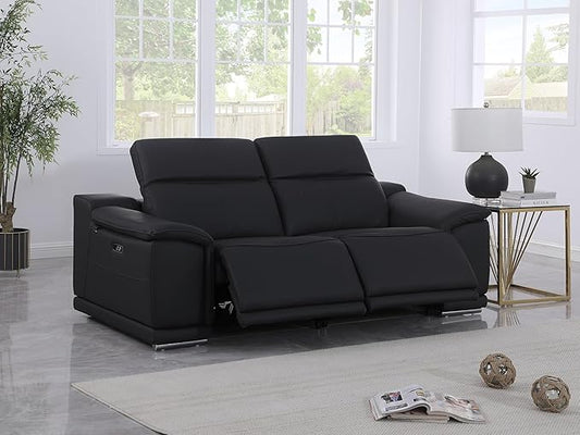 Blackjack Furniture Venice Top Grain Italian Leather Power Recliner Loveseat Sofa - 80" Theater Seating Modern Couch for Living Room Apartment Lounge Home with Adjustable Headrests & USB Port, Black