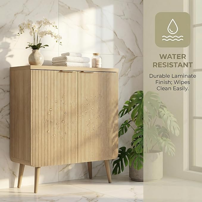 FONTOI 29.5" Wood Fluted Buffet Cabinet with 2 Doors & Storage - Multifunctional Kitchen Sideboard Credenza for Living Room & Entryway, Oak