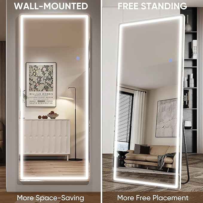 Antok LED Full Length Mirror with Light, 72"x44" Lighted Full Body Mirror with Stand, Dimmable & 3 Color Lighting Standing/Leaning/Wall Mounted Vanity Mirror for Bedroom Cloakroom Livingroom(Rect)