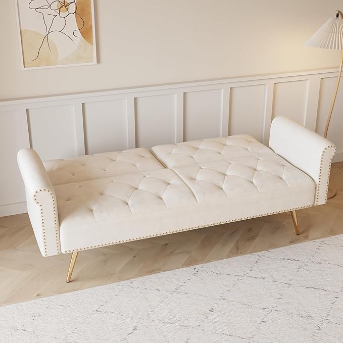 Convertible Futon Sofa Bed , Adjustable Sleeper Couch Modern Velvet Tufted Recliner Reversible Loveseat Folding Daybed Guest Bed Sofacama w/ Nailhead Trim and Golden Metal Legs for Living Room Office