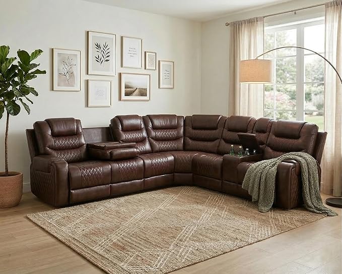 Power Recliner Sectional Sofa with LED, Breathing Leather Reclining Sectional Couch, L Shaped Couch with Dual Recliners, USB Port, Cup Holder&Storage for Living Room (Dark Red)