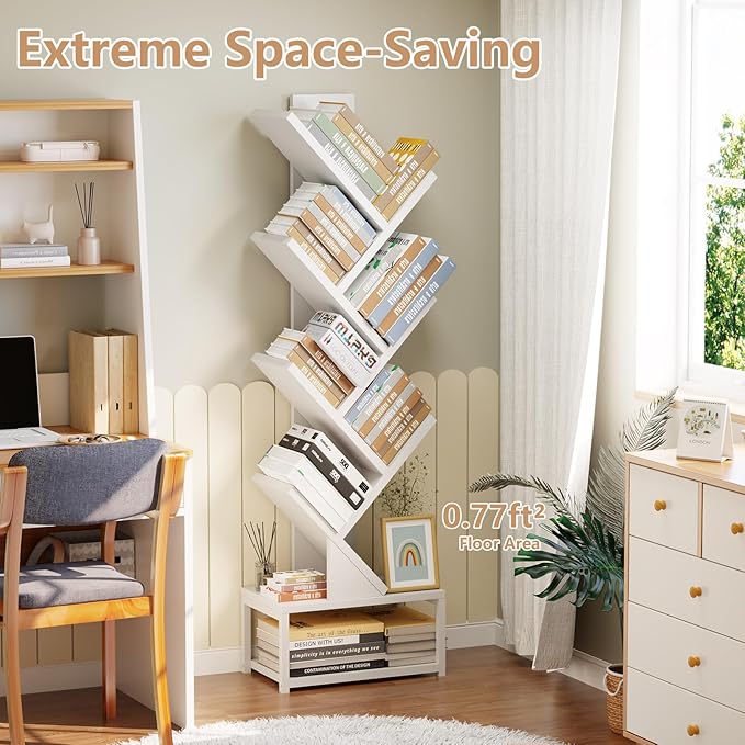 EasyCom Tree Bookshelf Metal Base, 7 Tier Bookcase Storage, Floor Standing Bookshelf Organizer for CDs/Books, Bookshelves for Bedroom/Living Room/Home Office, White