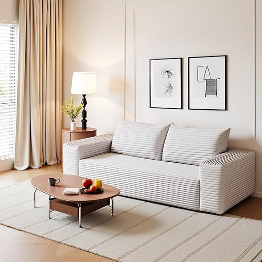 JINGLING 71" Small Couches for Small Spaces, Memory Foam Loveseat Corduroy Couch in a Box, Compressed Boneless Sofa for Living Room Bedroom, Apartment Furniture, No Assembly Required, White
