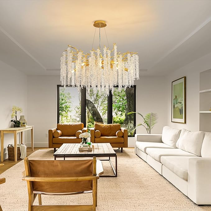 Modern Crystal Tree Branch Chandelier, Gold Round Art Deco Raindrop Lighting Fixture for Dining Room Bedroom Living Room 10 Lights D30''