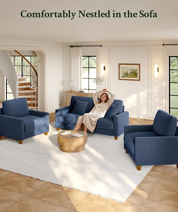 Welzona 35.3" Couches for Living Room, Comfy Blue Couch Single with 22.5" Deeper Seat, Accent Chair Tool-Free Setup, Reading Chair 440lbs Support, Corduroy Couch for Bedroom, Apartment, Office