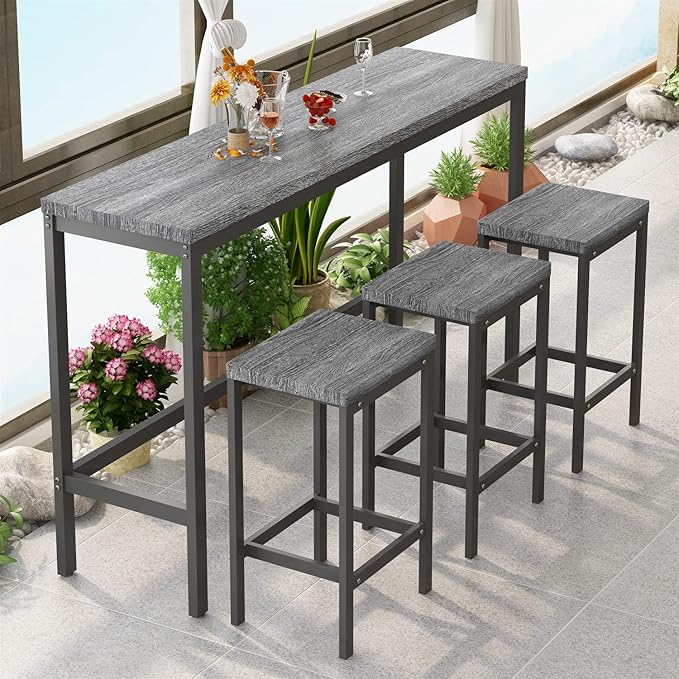 Merax 4-Piece Counter Height Extra Long Dining Table Set with 3 Stools and Footrest, Modern Design Kitchen Dining Table, Pub Table, Long Dining Table Set, Light Gray
