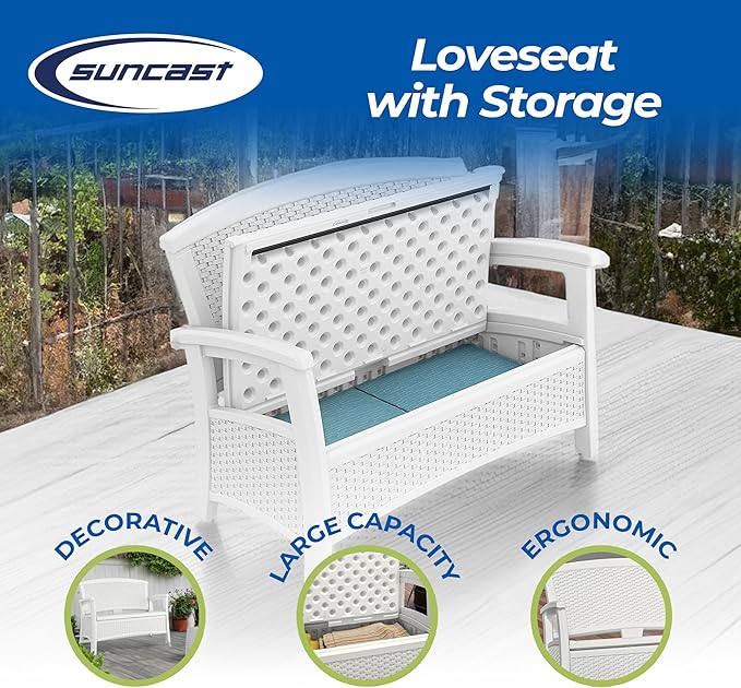 Suncast Elements Stylish Lightweight Loveseat Outdoor Seating with Convenient Built In Universal Storage, and All Weather resin, White