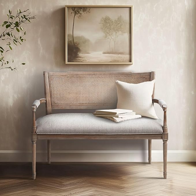 Madison Park Willshire Natural Rattan Settee, Upholstered Seat - Charming Country Design, Rustic Reclaimed Wood Finish, Ratan Insert Backrest & Padded Arm Rest, 47.25" Wide Beige/Reclaimed Natural