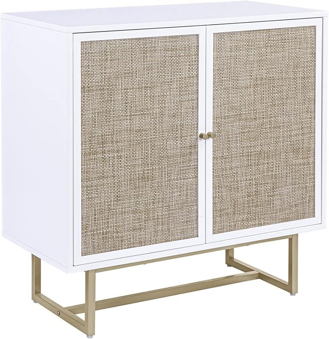 Nathan James Kova Rattan Wood Accent Natural Sideboard Storage Cabinet TV Stand with Matte Metal Frame, Adjustable Shelves and Cane Doors, for Hallway, or Living Room, White/Cane/Brass, Set of 4