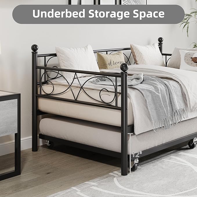 IDEALHOUSE Twin Daybed with Trundle, Metal Trundle Bed, Sofa Bed Frame, Heavy Duty Metal Slats, for Living Room, Bedroom, Guest Room, Space Saving, Black
