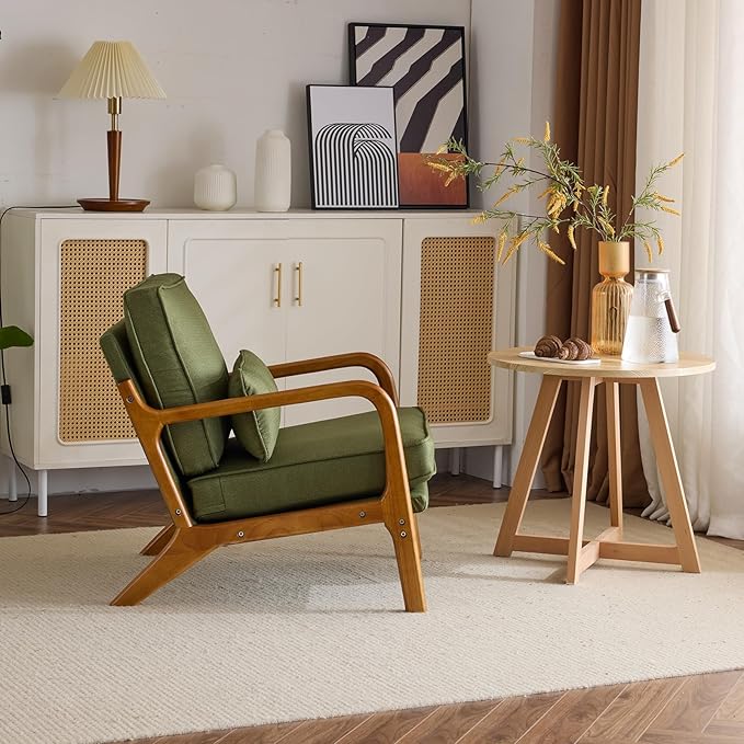 Bonnlo Dark Green Linen Accent Chairs Set of 2,Upholstered Mid Century Modern Lounge Fabric Chairs Reading Chairs Side Sitting Chair Solid Wood Farmhouse Armchairs for Living Room, Bedroom, Guest Room