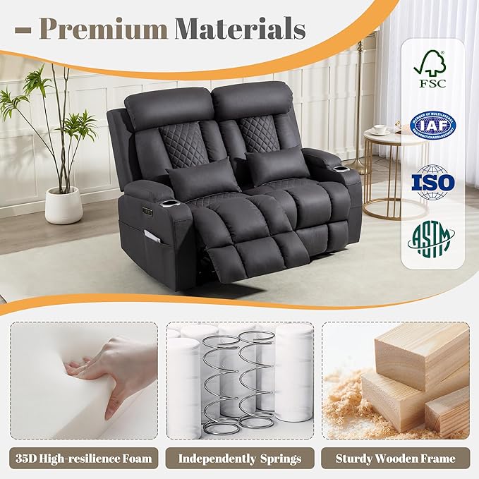 Zero Wall Hugger Power Reclining Loveseat with Adjustable Headrest, Power Loveseat Recliner Sofa with USB&Type-C Ports, Wall Hugger Reclining Loveseat for Living Room (Gray, 2 Seater)