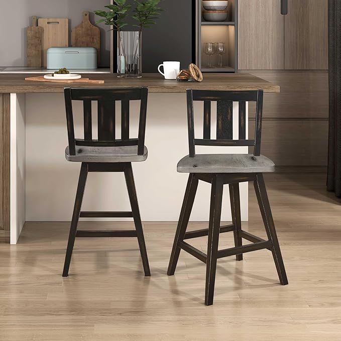 Lexicon Counter Height Stools Set of 2-Solid Wood Frame 360° Swivel Wooden Stools, Foot Rest, Slat Back, Wide Seat, Distressed Farmhouse Easy to Clean Finish, 24" SH, Antique Black/Grey