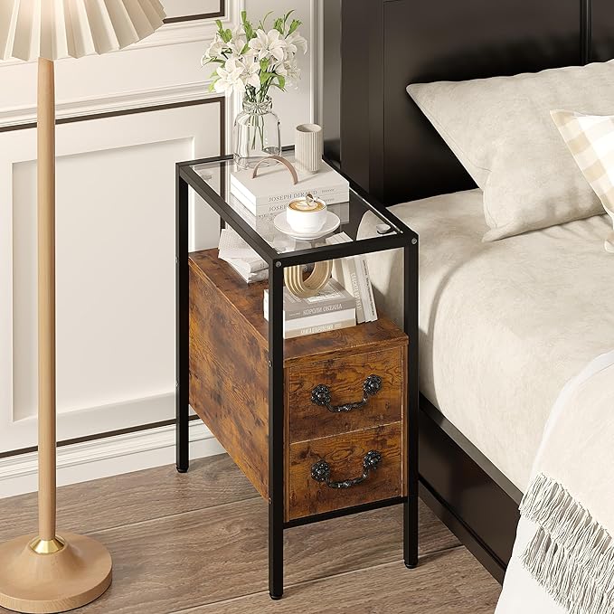VECELO Narrow Side Table, Night Stand Sofa Table with Glass Top,Bedside End Tables with Storage Drawers,Wood Nightstand for Small Spaces Living Room Bedroom,Brown