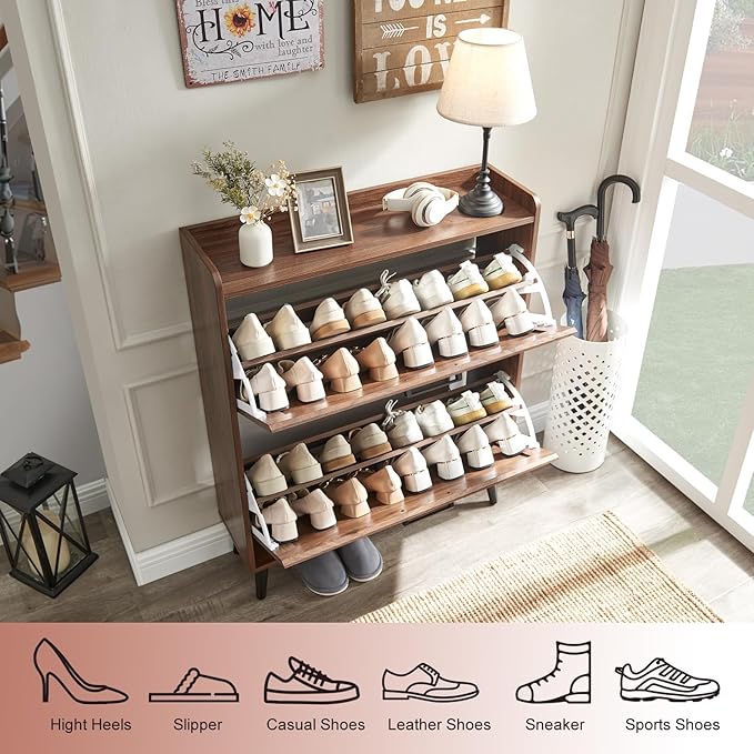 Shoe Storage Cabinet with 2 Flip Drawers, Farmhouse Hidden Shoe Organizer, Narrow Slim Shoe Rack Cabinet for Entryway Hallway,Walnut