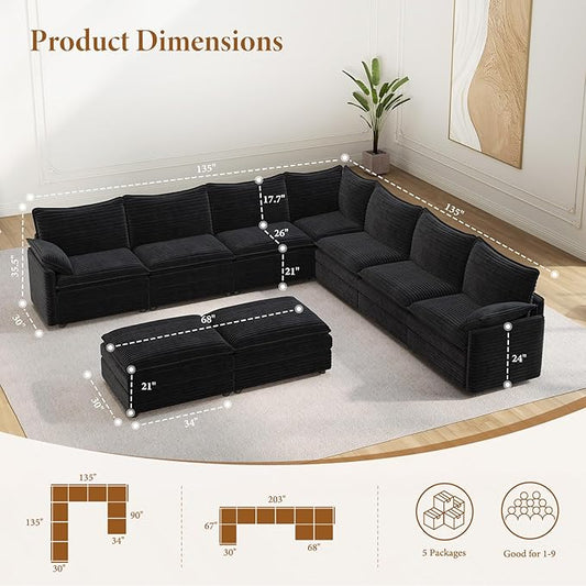 Vesgantti Large Modular Sectional Sofa, Big Comfy Cloud Couch with Ottoman Deep Seat Corduroy Cloud Sofa, 9 Seater Large Sectional Couches for Living Room, Bedroom and Apartment, Black | Sink-in Comfort, Height Adjustable, Easy Rearrangement, Extra-dee...