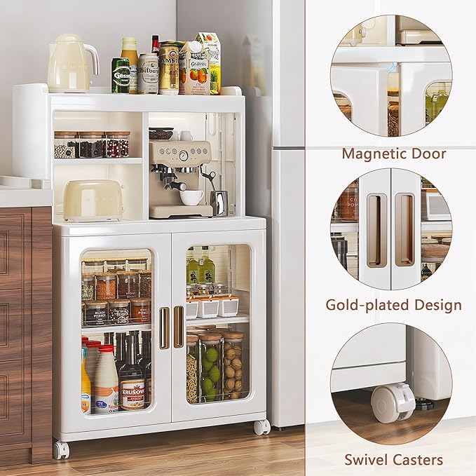 VECELO Foldable Plastic Sideboard Cabinet with Adjustable Shelves, Waterproof Buffet Cabinet with Doors for Kitchen, Dining Room & Small Spaces, White
