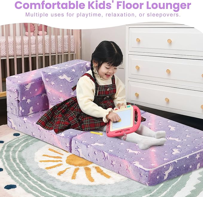 MeMoreCool Foldable Futon Chair Bed for Kids, Glow Tri-Fold Sofa Bed Convertible Toddler Sofa Mattress, Foam Floor Couch for Sitting, Purple