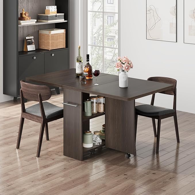 GarveeHome Folding Dining Table, Space Saving Farmhouse Dining Table for 4 Storage Shelf, 6 Wheels Multipose Expandable Kitchen Drop Leaf Table for Small Spac