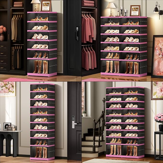 6-Tier Foldable Shoe Rack Organizer for Closet,24 Pairs Collapsible Plastic Shoe Shelf,Large Shoes Cabinet with Door,Clear Stackable Storage Box Easy Assembly（Black-Pink）