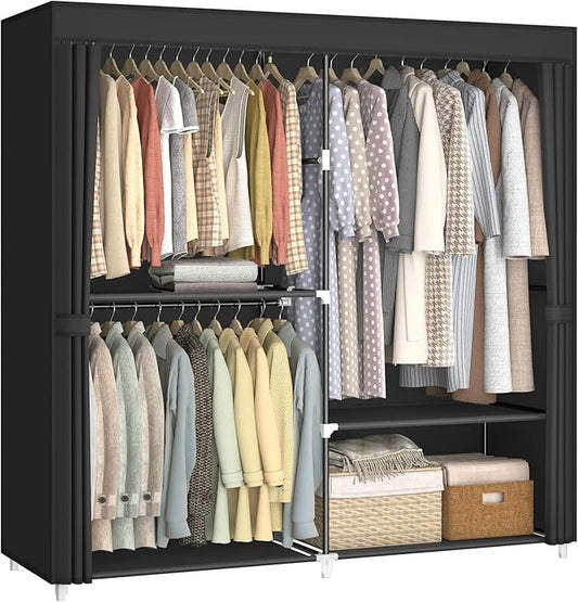 62.5" Closet Wardrobe, Portable Closet for Bedroom, Freestanding Clothes Rack with Non-Woven Fabric Cover, 3 Hanging Rods, 4 Storage Shelves, Clothes Storage Organizer, Black