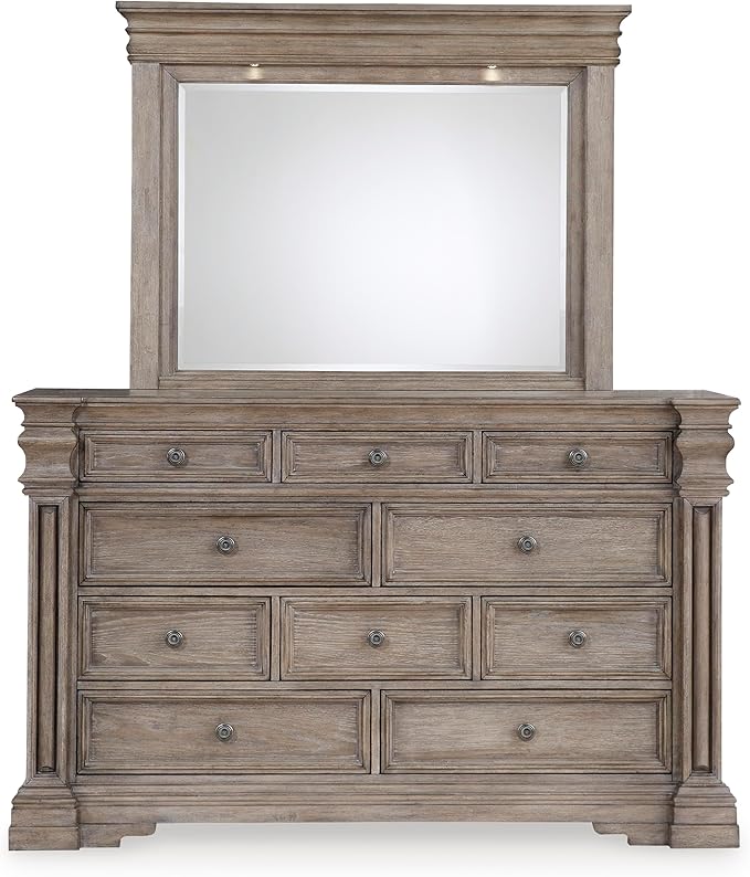 Signature Design by Ashley Blairhurst Traditional 10-Drawer Dresser and Mirror with Safety Stop, Felt-Lined Top Drawer and LED Lights, Light Brown