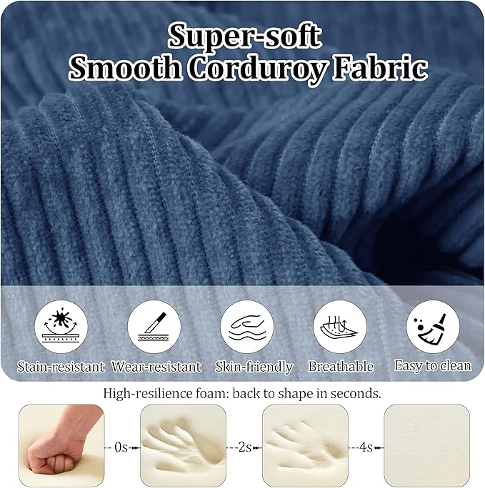 79'' Convertible Compressed Corduroy Folding Cloud Sofa Bed, 5 in 1 Modern Modular Boneless Pull Out Loveseat Sleeper in a Box, No Assembly Floor Mattress Futon Couch for Home, Blue, Pillows, King