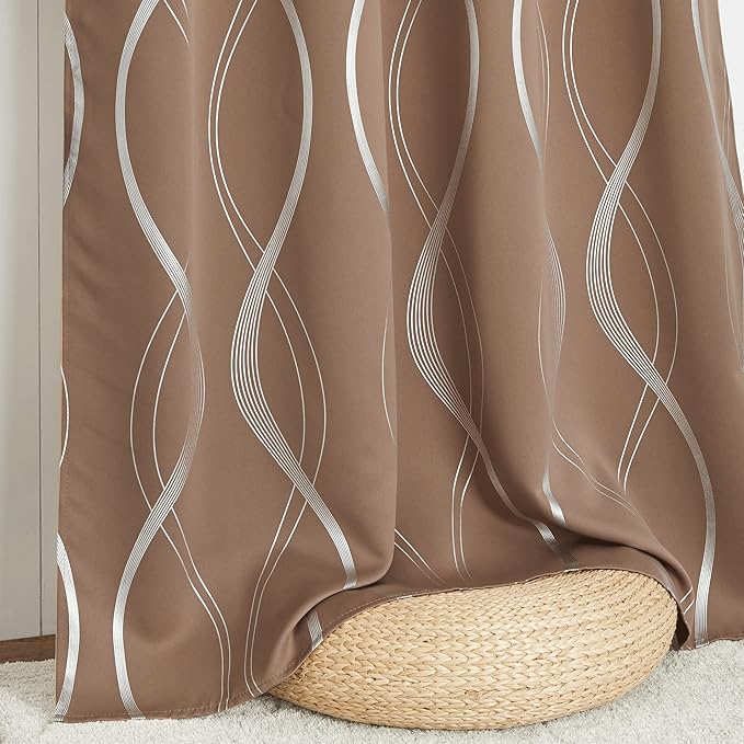 NICETOWN Blackout Short Curtains Panels for Bedroom, Microfiber Noise Reducing Thermal Insulated Wave Line Foil Print Design Blackout Curtains for Office, Classroom (Cappuccino, 2 Panels, 52" x 54")