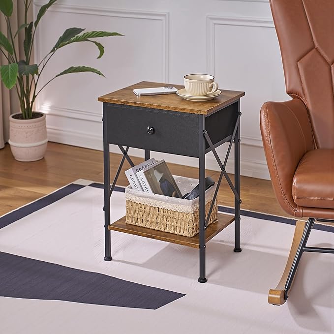 VECELO Nightstand Set of 2, X-Design End Side Table with Fabric Storage Drawer and Open Shelf, Bedside Night Stand with Steel Frame for Bedroom, Living Room,Dorm, Easy Assembly,Antique Brown