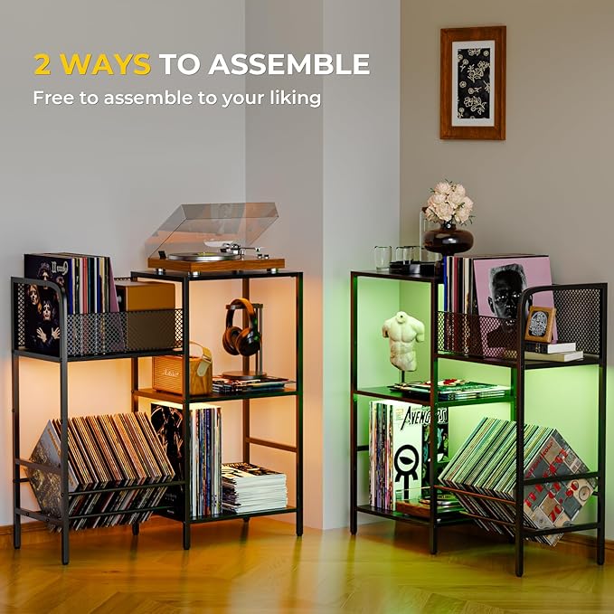 Record Player Stand with LED Light, Turntable Stand with Vinyl Storage - Up to 300+ Albums, 3-Tier Record Player Table Cabinet, Adjustable Shelf & V-Shaped Holder, Vinyl Display Shelf for Living Room