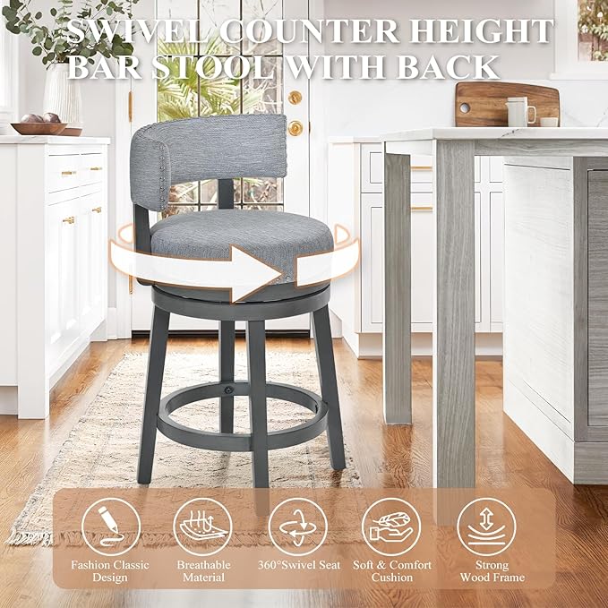 COLAMY Swivel Bar Stools Set of 2, 25 Inch Wood Swivel Barstools with Back, Counter Height Bar Stools, Modern Upholstered Barstools for Kitchen Island Dining Room Bar, Grey